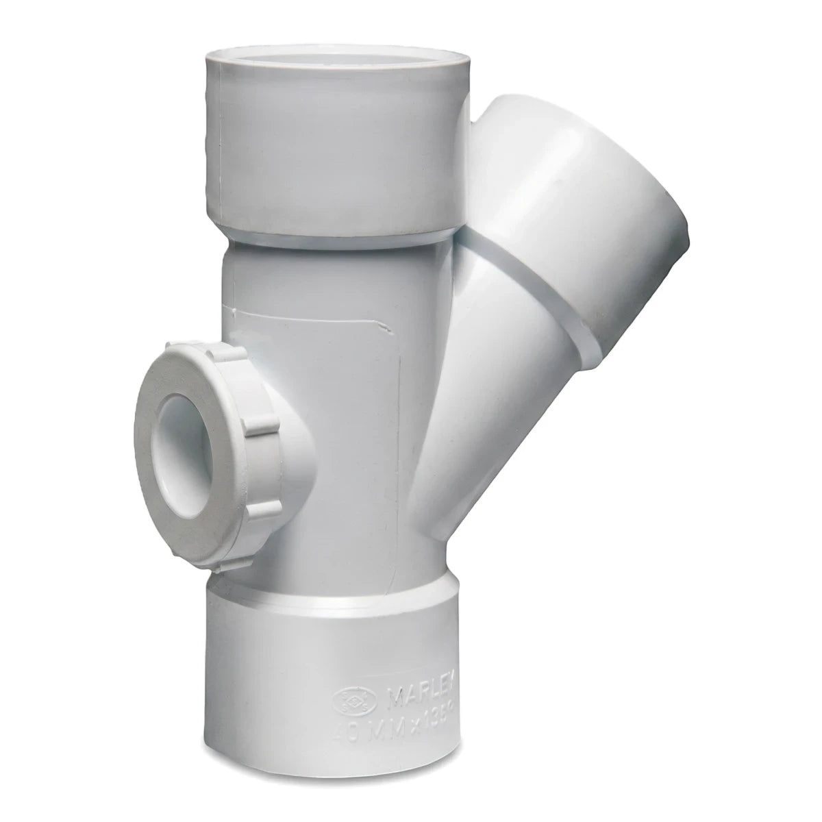 White PVC plumbing junction with access heel, 40mm x 135-degree angle, shown upright.