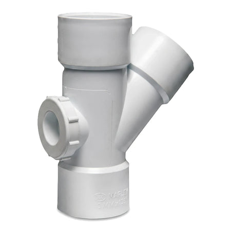 White PVC plumbing junction with access heel, 40mm x 135-degree angle, shown upright.