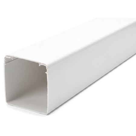 White PVC rectangular trunking, 100x100mm, shown from an angled view revealing the open end and smooth exterior.