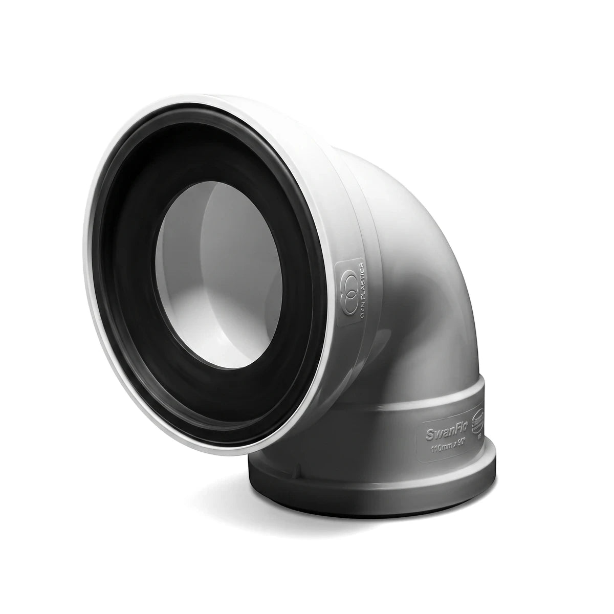 White PVC soil and vent bent plain toilet pan connector, 110mm x 90-degree angle, with a black rubber seal, angled view.