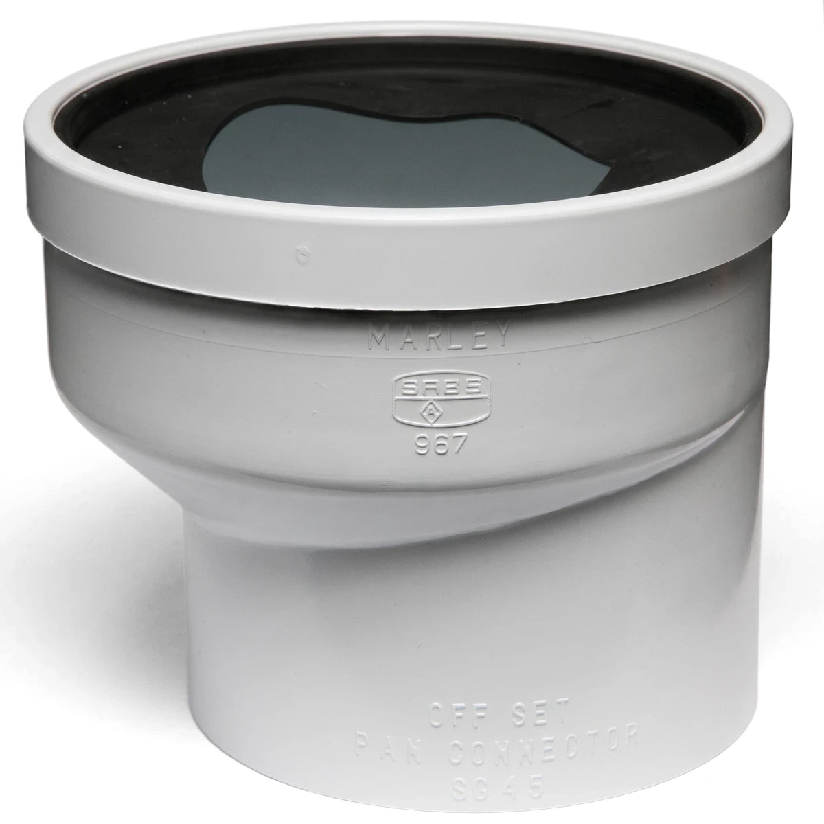White PVC soil/vent offset toilet pan connector for plumbing systems, featuring embossed branding and product specifications.