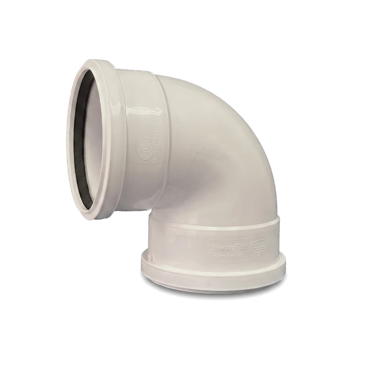 White PVC soil and vent plain bend pipe fitting, 110mm by 87.5-degree, with a black rubber seal.