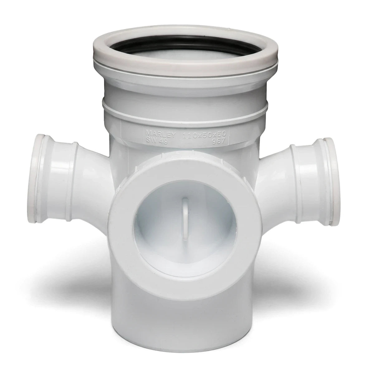 White PVC soil/vent reducing double junction with a 95-degree angle and access heel for drainage and ventilation systems.