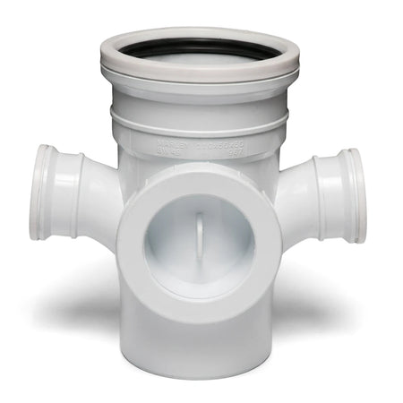 White PVC soil/vent reducing double junction with a 95-degree angle and access heel for drainage and ventilation systems.