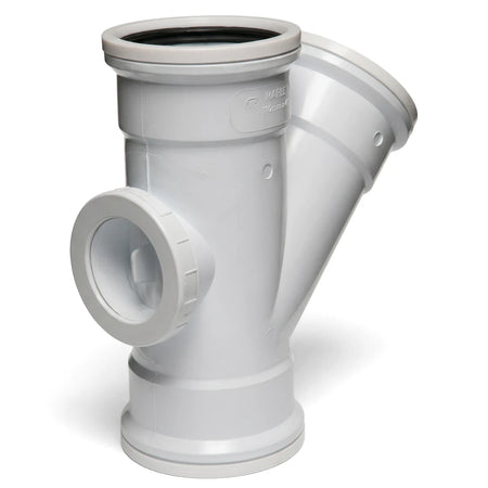 White PVC soil and vent single junction pipe fitting with access heel, 135-degree angle, used in plumbing systems.