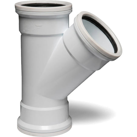 White PVC soil/vent single plain junction plumbing fitting, Y-shaped, designed for 135-degree connections in drainage