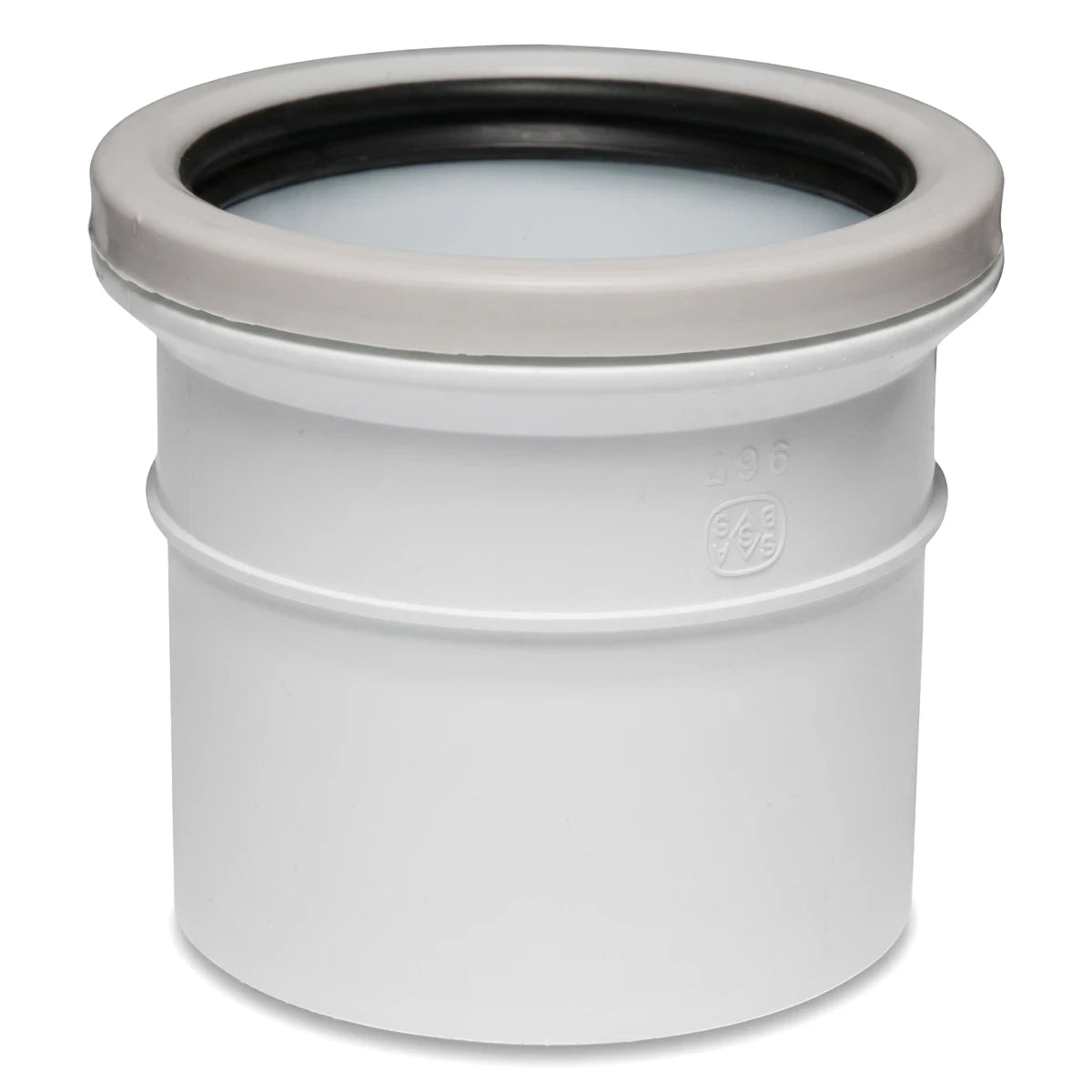 White PVC soil and vent single socket pipe fitting with a black rubber seal, shown from a slightly elevated angle.