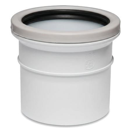 White PVC soil and vent single socket pipe fitting with a black rubber seal, shown from a slightly elevated angle.