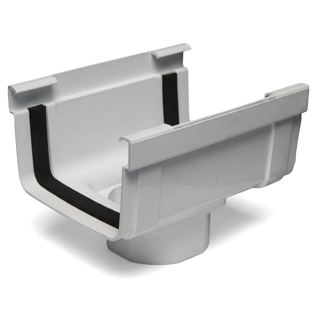 White PVC streamline gutter outlet for rainwater drainage systems, shown at an angle to highlight its internal structure and