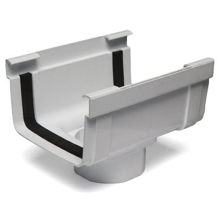 White PVC streamline gutter outlet for rainwater drainage systems, shown at an angle to highlight its internal structure and