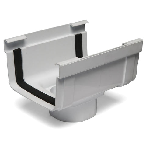 White PVC streamline gutter outlet for rainwater drainage systems, shown at an angle to highlight its internal structure and