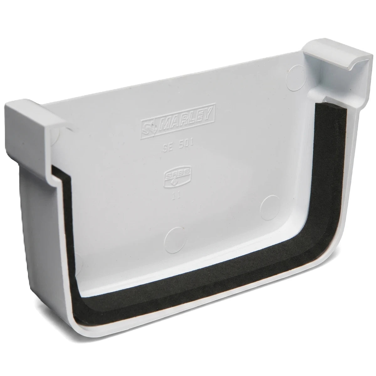 White Pvc Streamline Gutter Stopend with a black foam seal, shown from an angled perspective revealing its interior.