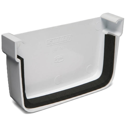 White Pvc Streamline Gutter Stopend with a black foam seal, shown from an angled perspective revealing its interior.