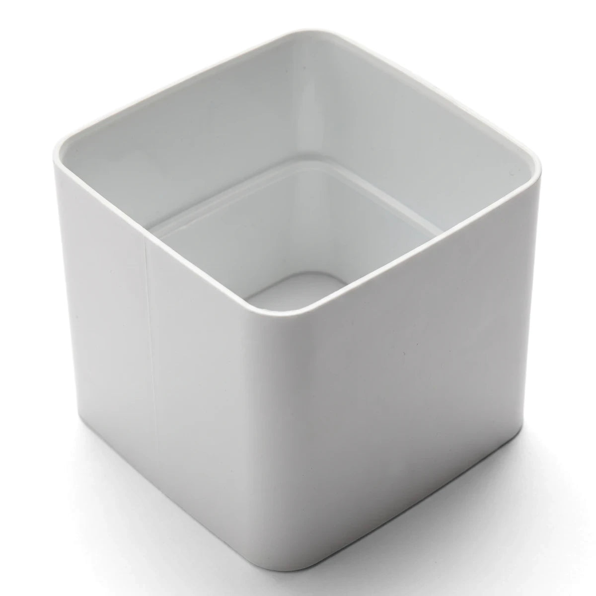 White PVC streamline square downpipe socket for rainwater drainage, shown from an angled top-down perspective.