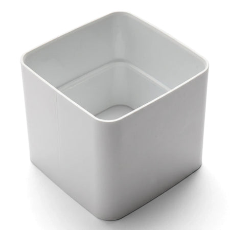 White PVC streamline square downpipe socket for rainwater drainage, shown from an angled top-down perspective.