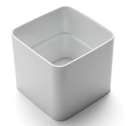 White PVC streamline square downpipe socket for rainwater drainage, shown from an angled top-down perspective.