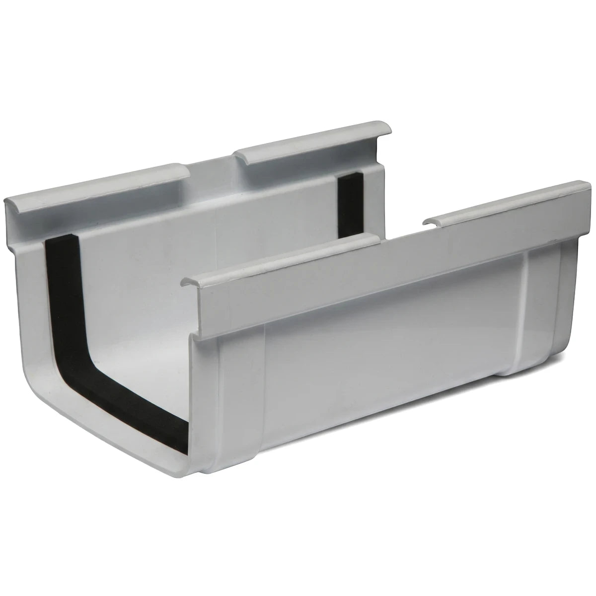 White PVC streamline union clip for gutter systems, featuring black rubber-like seals, shown from an angled perspective.
