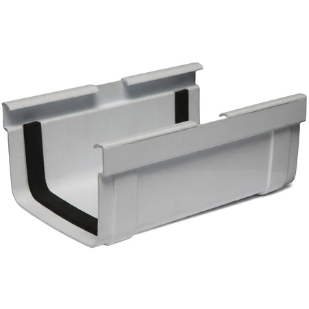 White PVC streamline union clip for gutter systems, featuring black rubber-like seals, shown from an angled perspective.