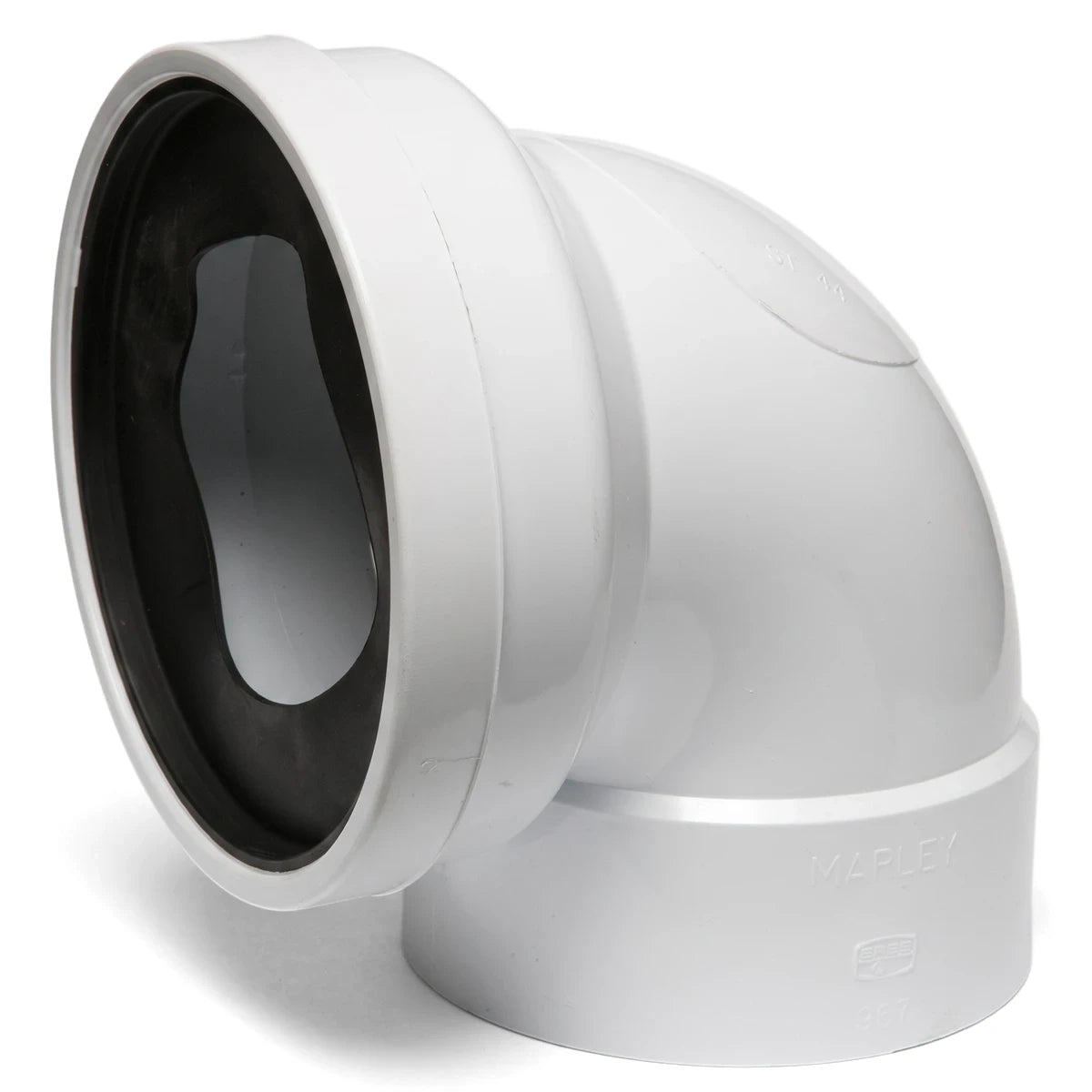 White PVC toilet pan connector bend, 90-degree angle, with a visible black seal, for plumbing installations.