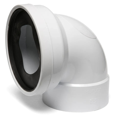 White PVC toilet pan connector bend, 90-degree angle, with a visible black seal, for plumbing installations.