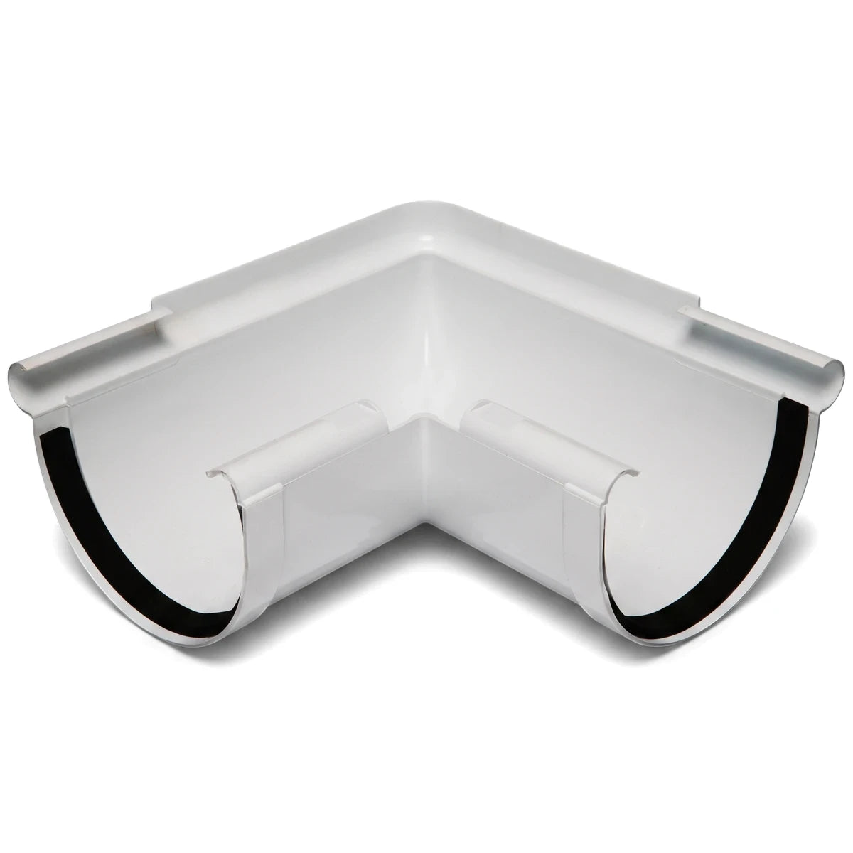 White PVC Vynadeep 90-degree external gutter angle for rainwater systems, shown from an overhead perspective to highlight