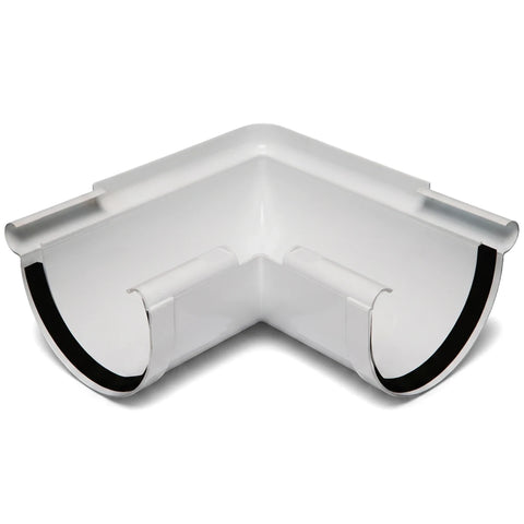 White PVC Vynadeep 90-degree external gutter angle for rainwater systems, shown from an overhead perspective to highlight