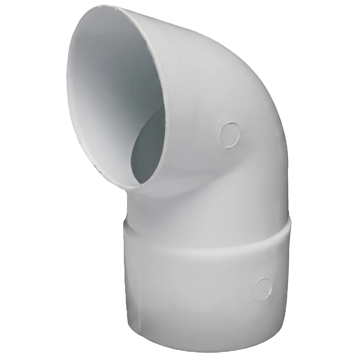 White PVC Vynadeep downpipe shoe with a 90-degree elbow bend, shown at an angle.