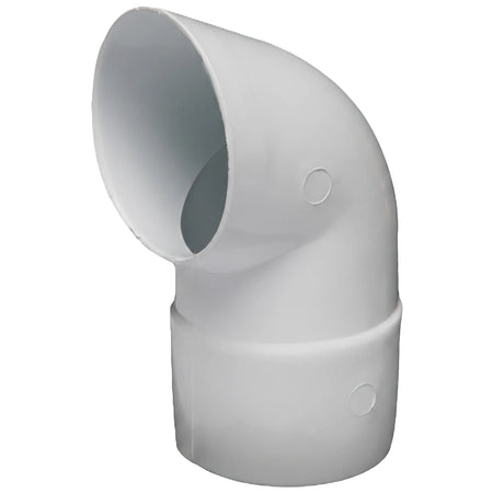White PVC Vynadeep downpipe shoe with a 90-degree elbow bend, shown at an angle.