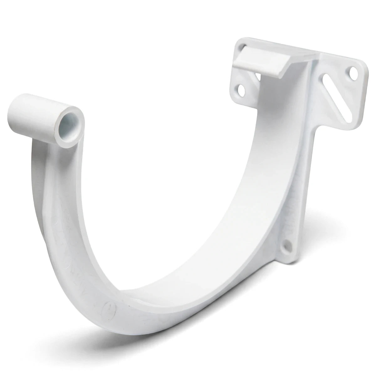 White PVC Vynadeep fascia bracket, U-shaped, made of durable plastic, shown angled on a plain background for plumbing and