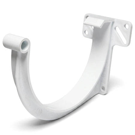 White PVC Vynadeep fascia bracket, U-shaped, made of durable plastic, shown angled on a plain background for plumbing and