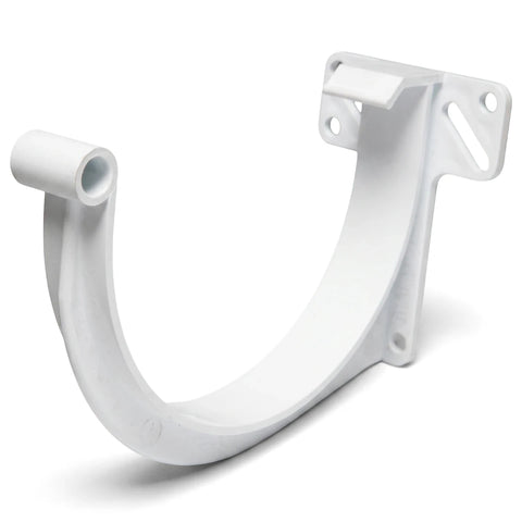 White PVC Vynadeep fascia bracket, U-shaped, made of durable plastic, shown angled on a plain background for plumbing and