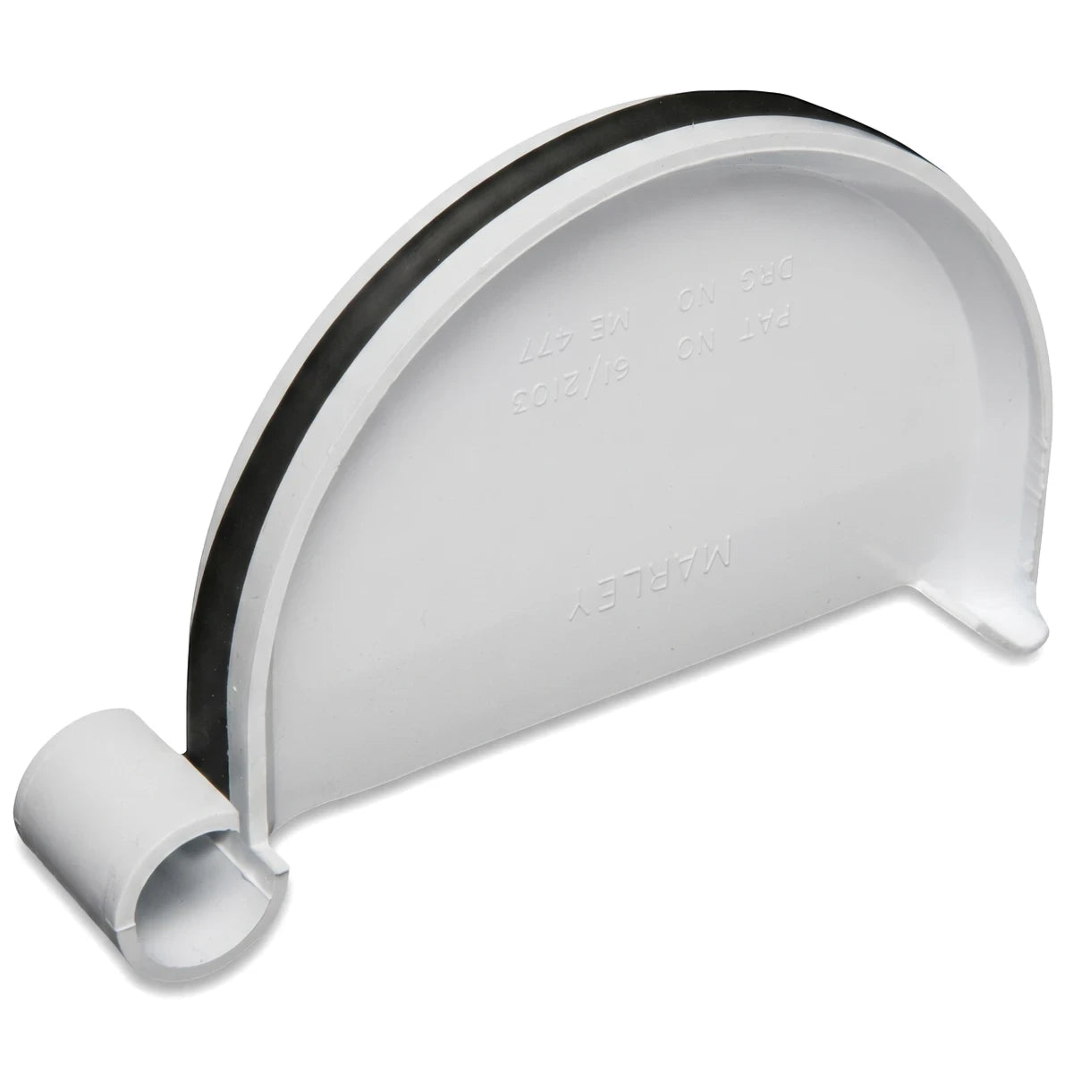White PVC Vynadeep gutter stopend with a black rubber seal, shown from an angled perspective, displaying brand markings.