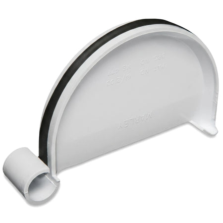 White PVC Vynadeep gutter stopend with a black rubber seal, shown from an angled perspective, displaying brand markings.