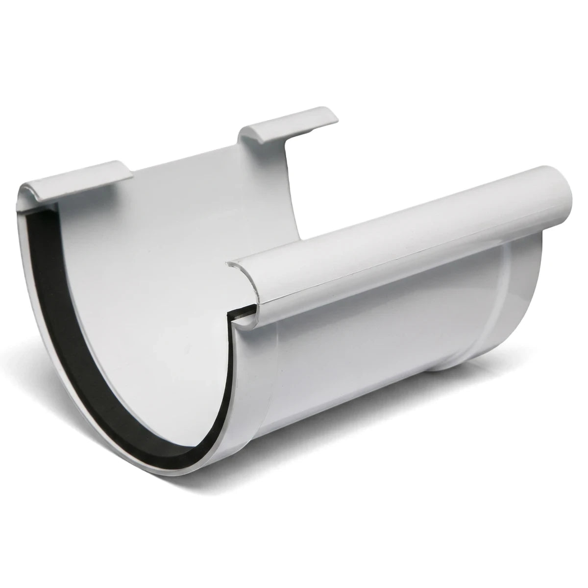 White PVC Vynadeep union clip for gutters, shown from a slightly elevated, angled perspective with a black sealing gasket.