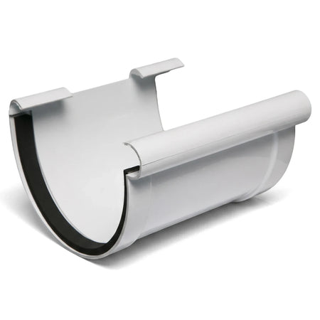 White PVC Vynadeep union clip for gutters, shown from a slightly elevated, angled perspective with a black sealing gasket.