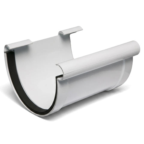 White PVC Vynadeep union clip for gutters, shown from a slightly elevated, angled perspective with a black sealing gasket.