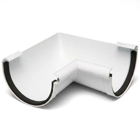 White Pvc Vynadeep Internal Gutter Angle at a 90-degree turn, showcasing its curved design and black sealing strip.