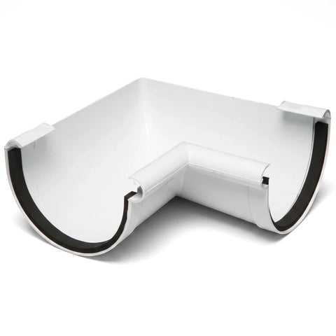 White Pvc Vynadeep Internal Gutter Angle at a 90-degree turn, showcasing its curved design and black sealing strip.