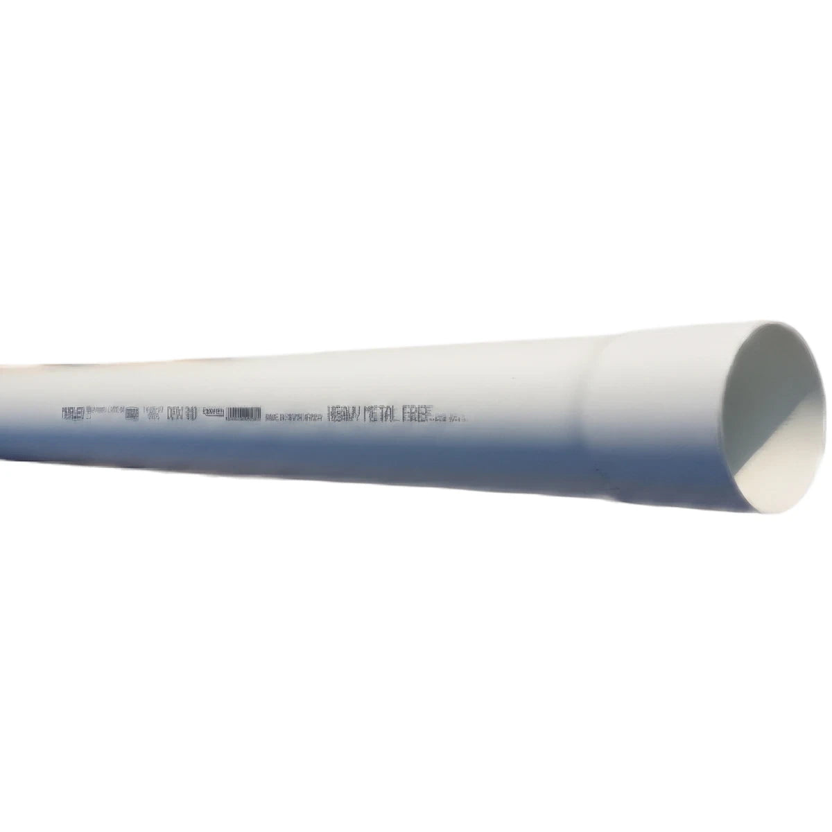 White PVC Vynadeep socketed downpipe, featuring product markings and the circular opening on the right end.