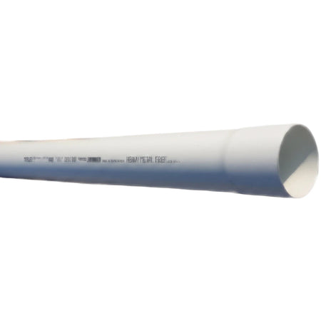 White PVC Vynadeep socketed downpipe, featuring product markings and the circular opening on the right end.