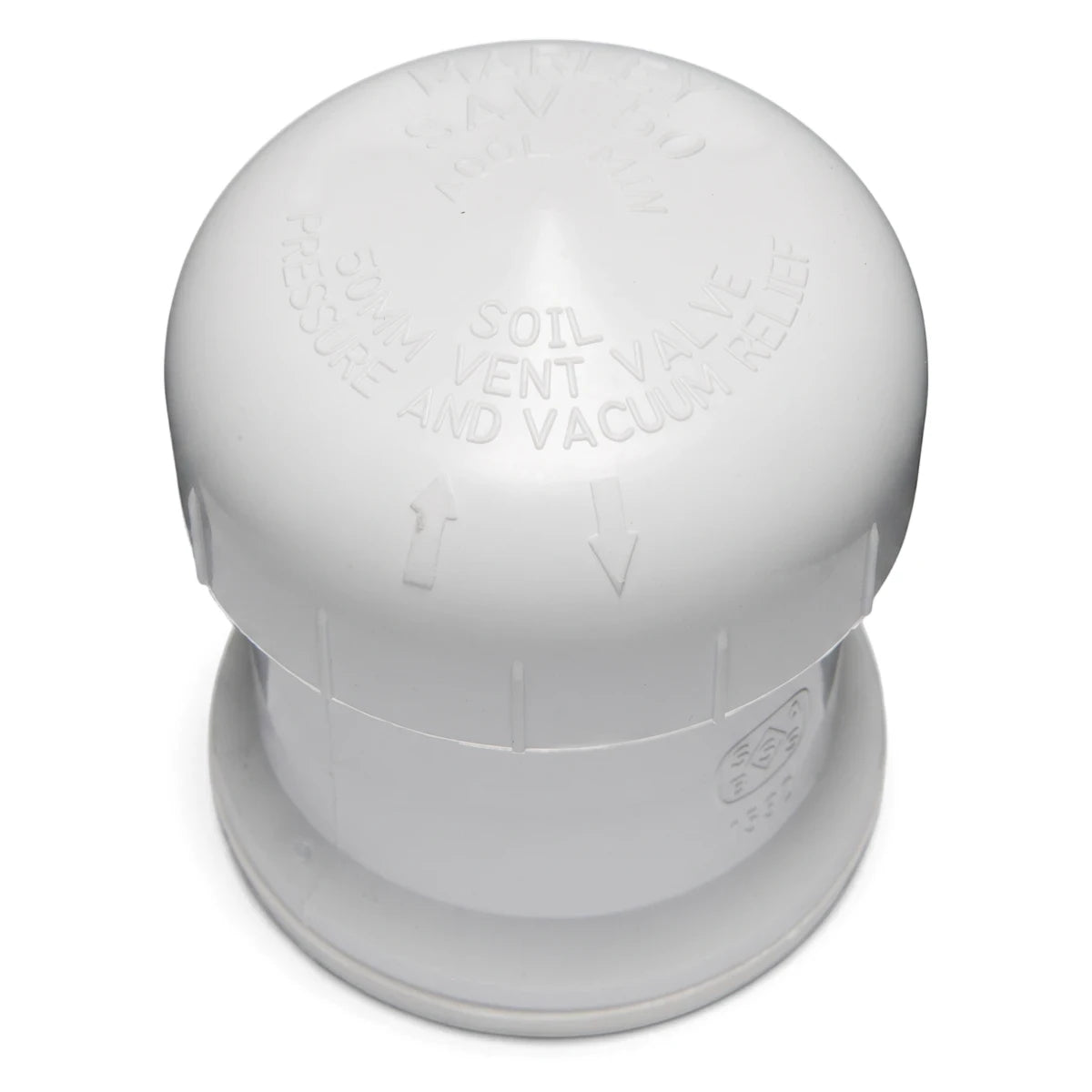 White PVC waste 2-way vent valve for soil, pressure, and vacuum relief, shown at eye level against a plain background.