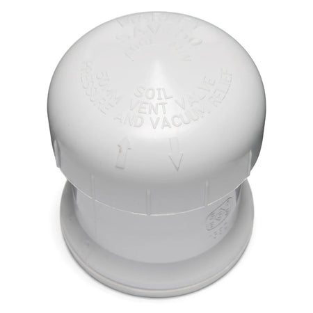 White PVC waste 2-way vent valve for soil, pressure, and vacuum relief, shown at eye level against a plain background.