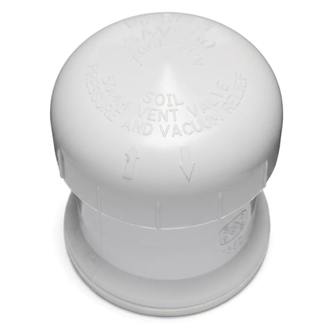 White PVC waste 2-way vent valve for soil, pressure, and vacuum relief, shown at eye level against a plain background.
