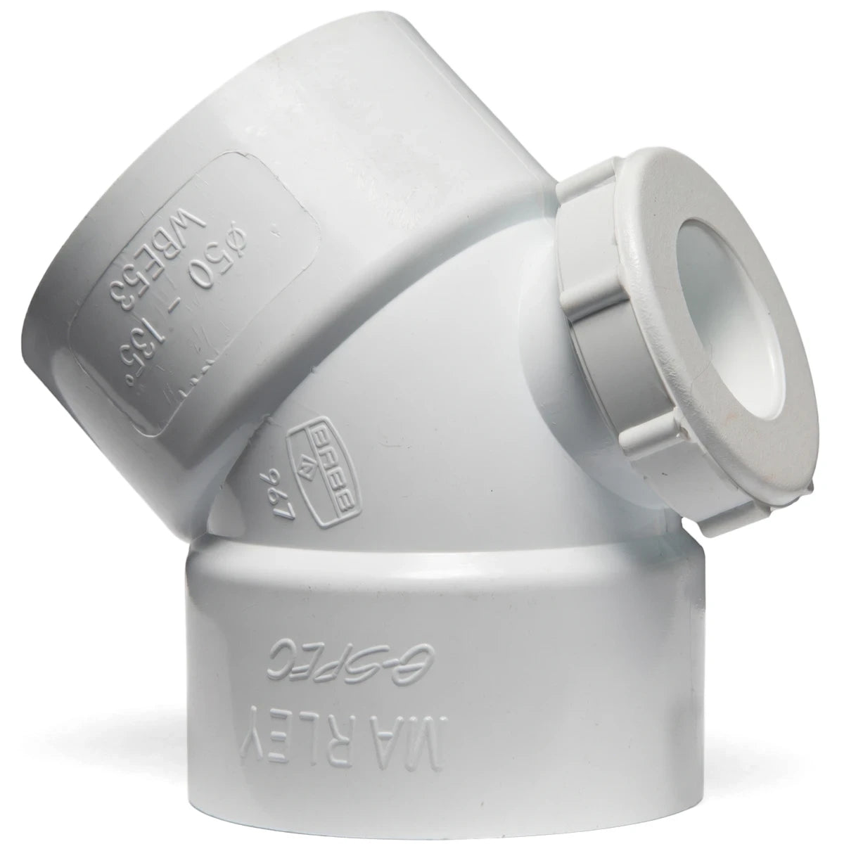 White PVC waste bend with access heel, 135-degree angle, featuring embossed product details.