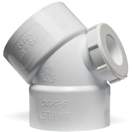 White PVC waste bend with access heel, 135-degree angle, featuring embossed product details.
