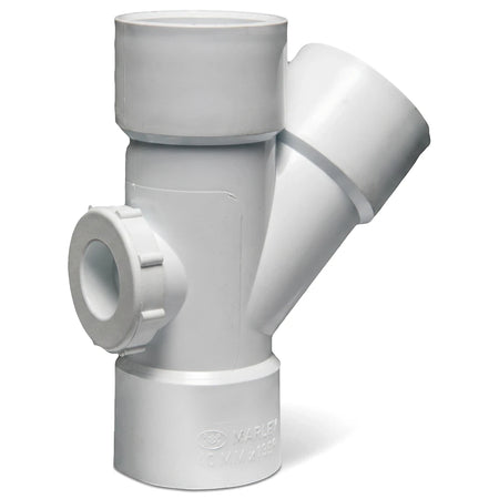 White PVC waste e-spec junction with inspection eye, 40mm by 135-degree fitting for plumbing systems.