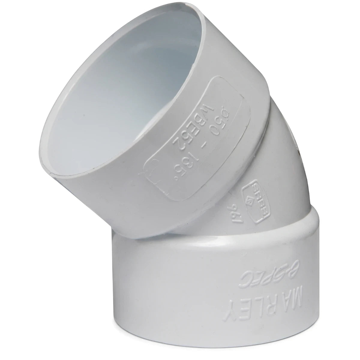 White PVC waste E-Spec plain bend pipe fitting with a 135-degree angle, suitable for plumbing and drainage.