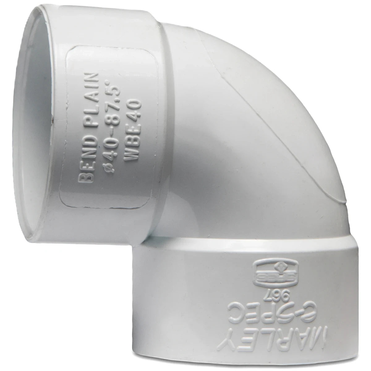 White PVC Waste E-Spec Plain Bend pipe fitting, 40mm x 87.5-degree elbow, shown from a slightly elevated side view.