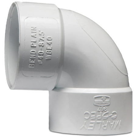 White PVC Waste E-Spec Plain Bend pipe fitting, 40mm x 87.5-degree elbow, shown from a slightly elevated side view.