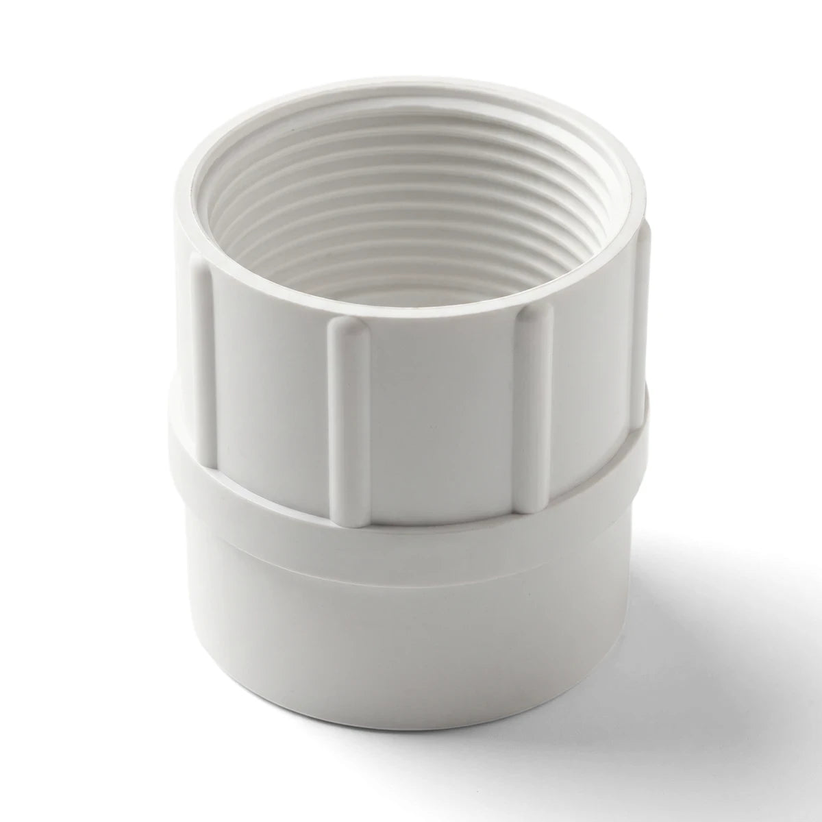 White PVC waste female BSP adapter, 1 1/4" x 40mm, shown with internal threading for plumbing connections.